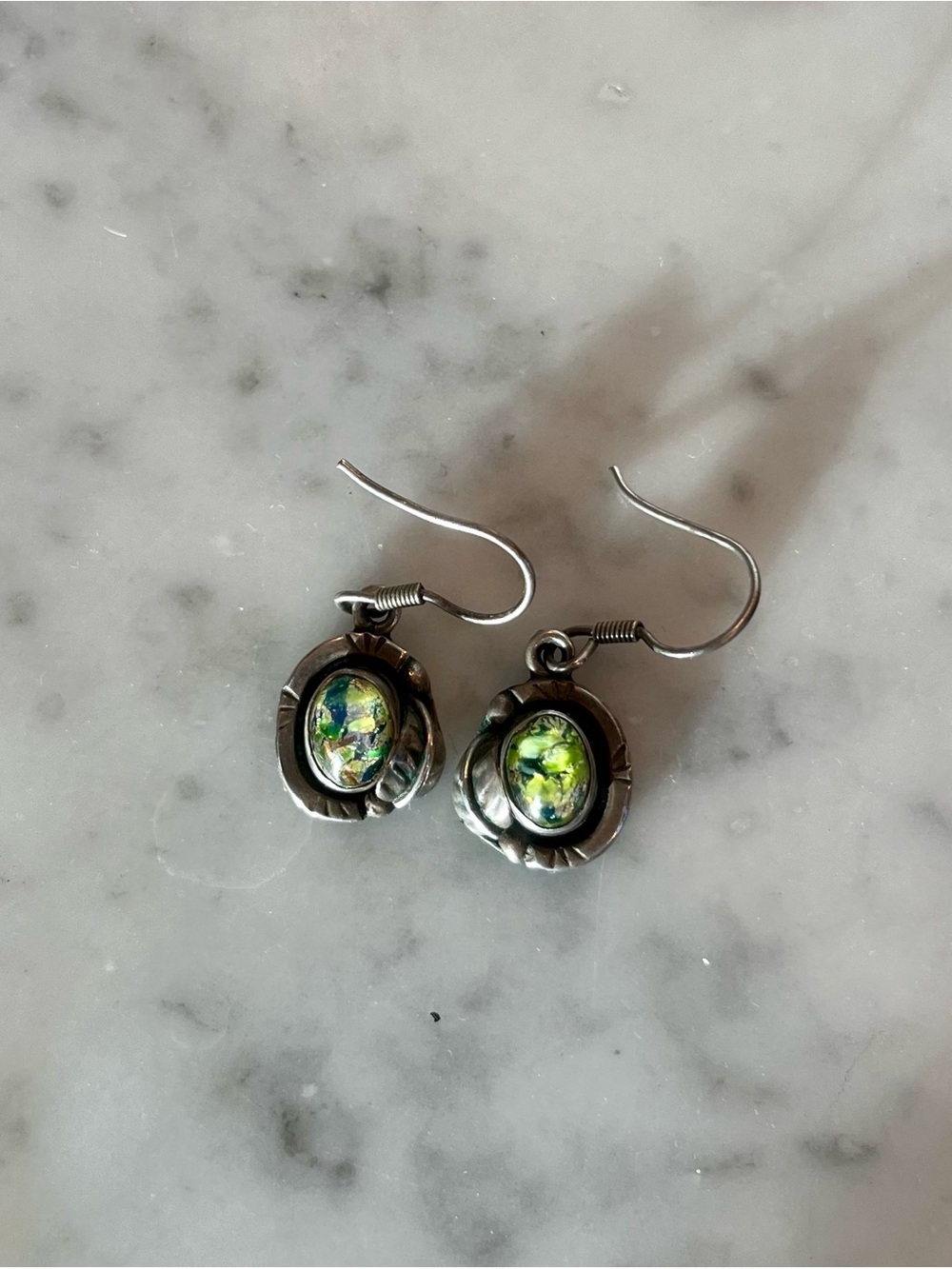 Sterling Silver Green Opal-Effect Drop Earrings